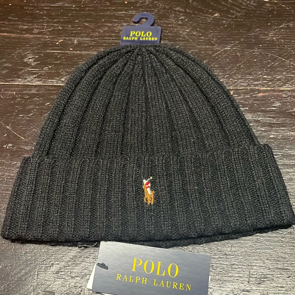 Polo Ralph Lauren Men's Signature Black Pony Wool Blend Rib Knit Cuff Beanie OS